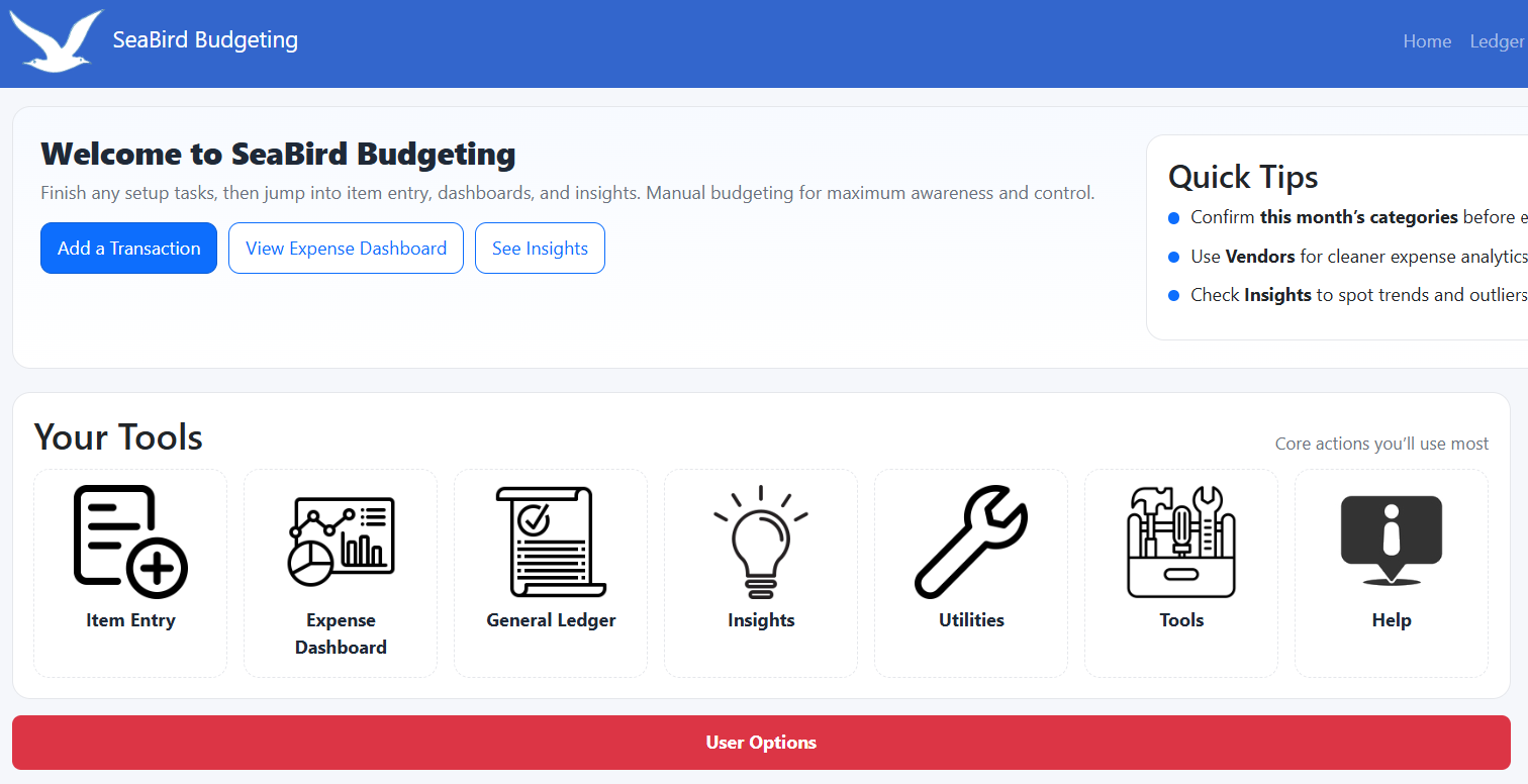 SeaBird interface showing clean landing page and navigation